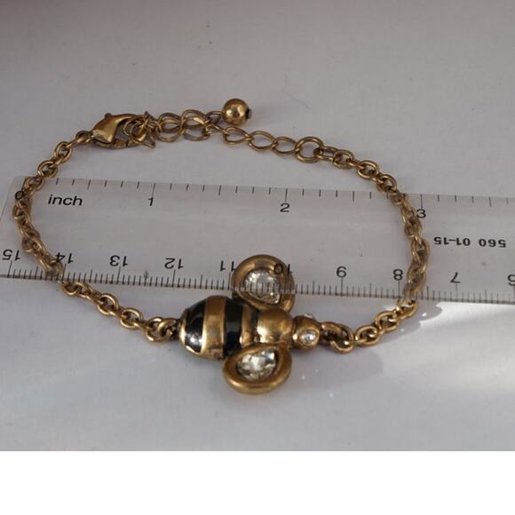 Vintage bee charm bracelet gold tone enamel rhinestone bug 1990s whimsy, 7 inch - Picture 2 of 10